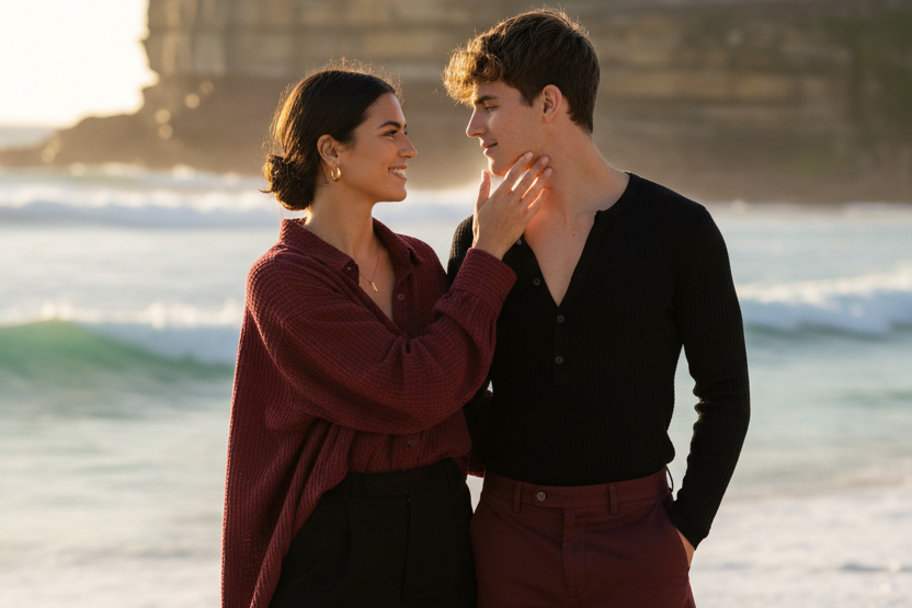 Poshaan - Black V-Neck Waffle Shirt Romantic Couple at Sydney Beach